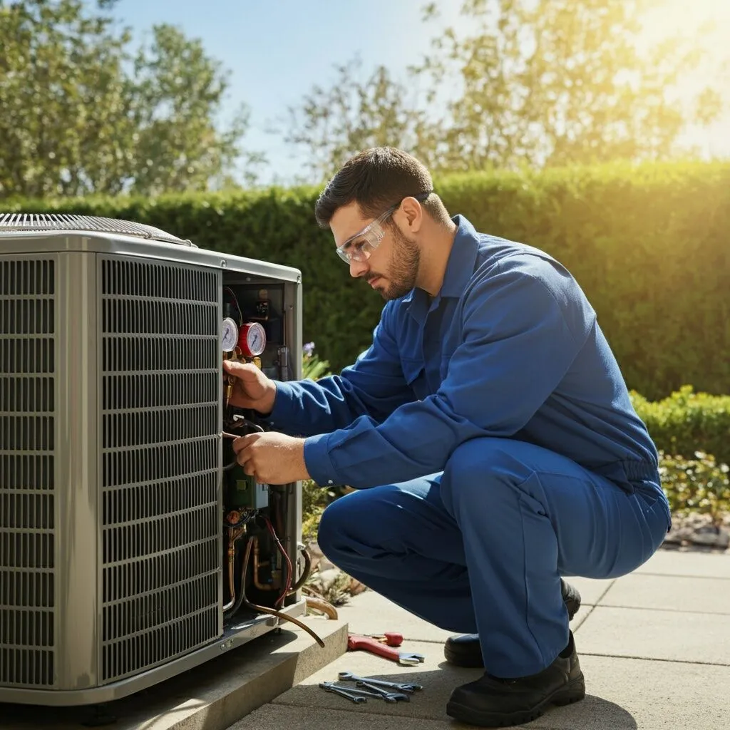 A technician in blue coveralls and safety glasses repairs an outdoor air conditioning unit using tools on a sunny day.