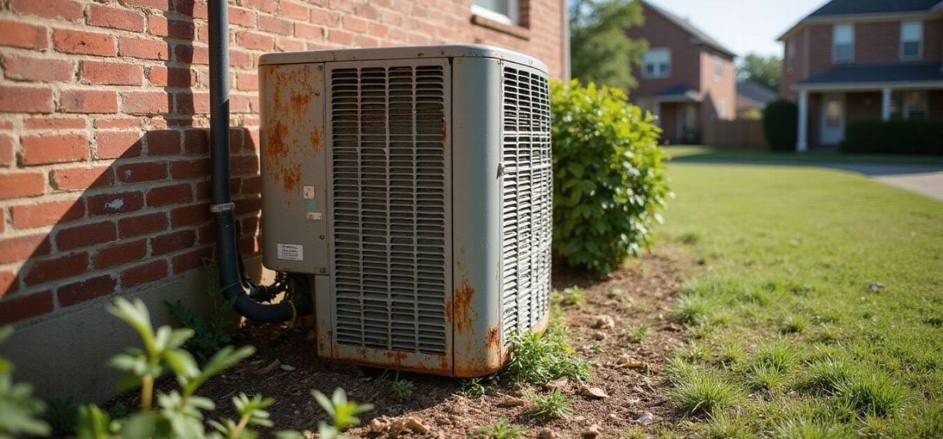 Outdoor residential air conditioning unit with visible rust placed beside a brick home during summer conditions.