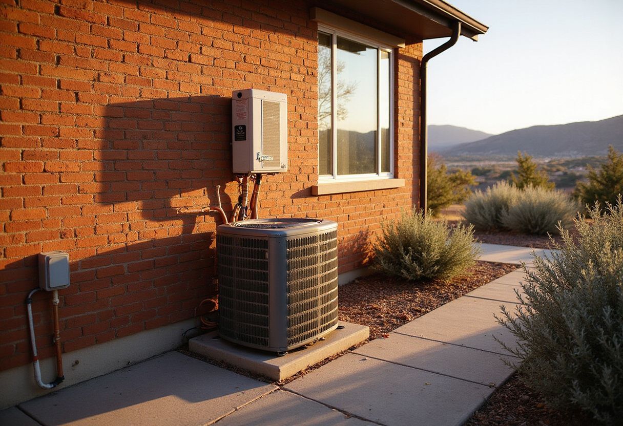 An outdoor air conditioning unit is installed next to a brick house with nearby shrubs and a mountain landscape in the background.