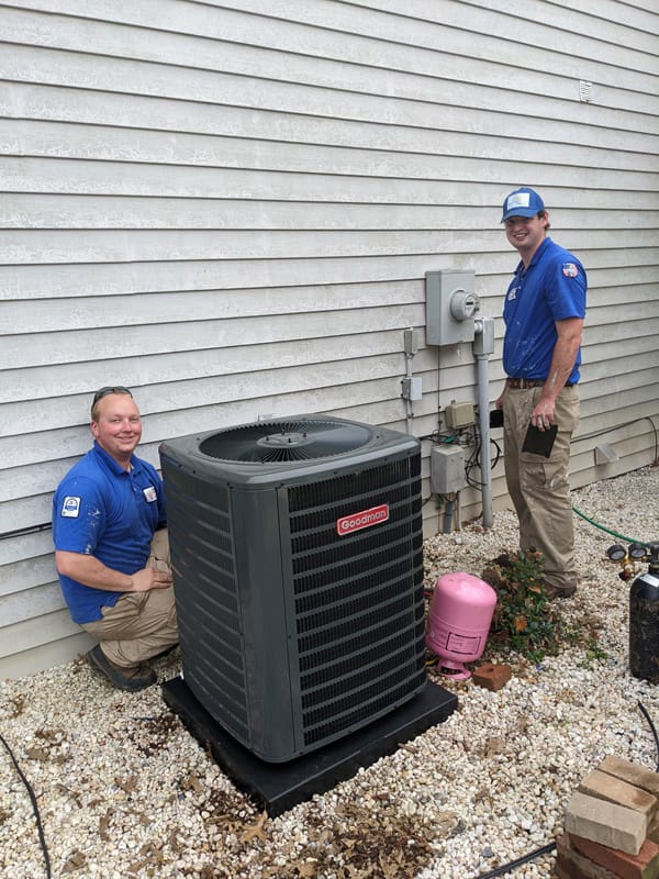 Anytime Heating Cooling Repair technicians standing next to an air conditioner behind a house.