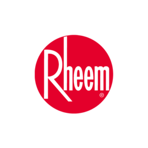 Rheem logo consisting of the brand name with a distinctive horizontal line through the letter 'r', all set against a red circular background.
